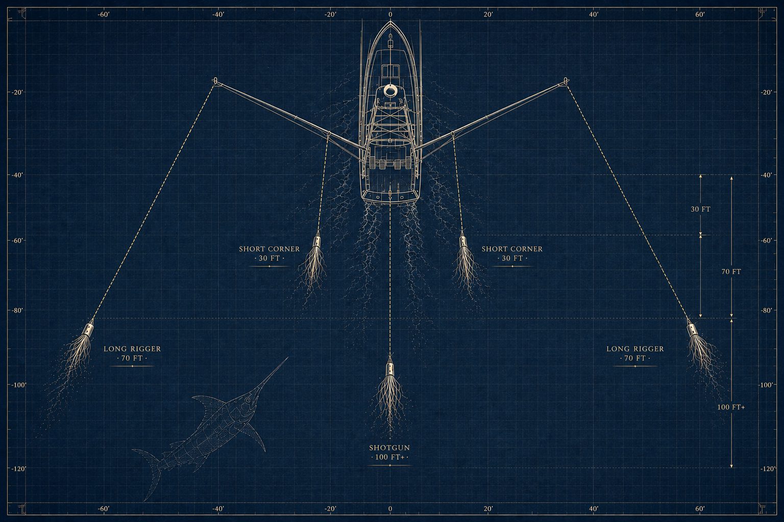 Top-down blueprint diagram of Ambush's trolling spread — outriggers extended, five rods deployed, two short-corner lures at 30 ft, two long-rigger lures at 70 ft, and a shotgun at 100 ft